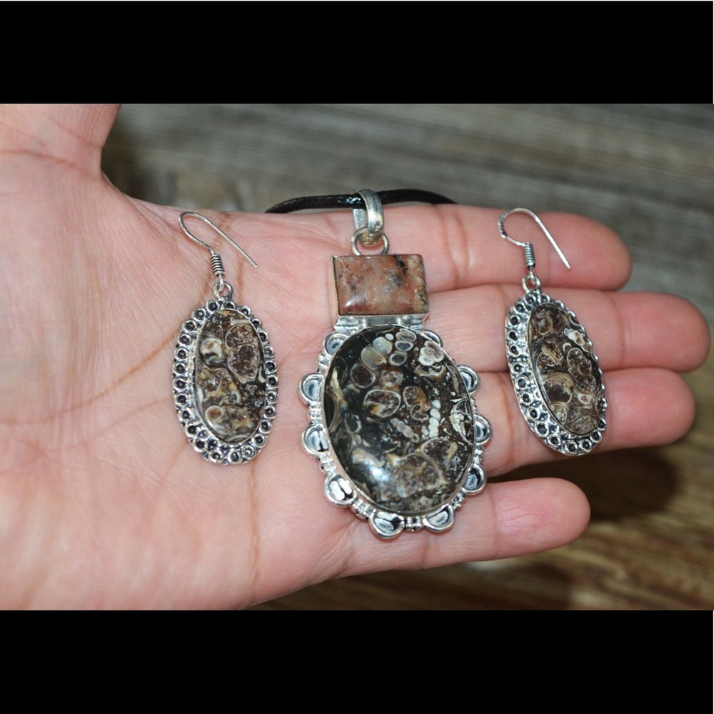 Turitella Agate & Jasper Pendant & Earrings Set